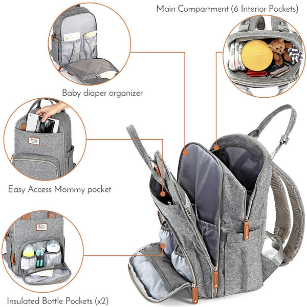 RUVALINO Diaper Bag Backpack, Multifunction Travel Back Pack Maternity Baby Changing Bags, Large Capacity, Waterproof and Stylish, Gray