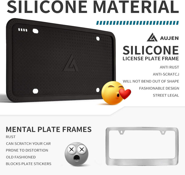 Aujen Silicone Black License Plate Frames, 2 Pack Universal Car License Plate Holders, Rust-Proof and Weather-Proof Accessories (Black)