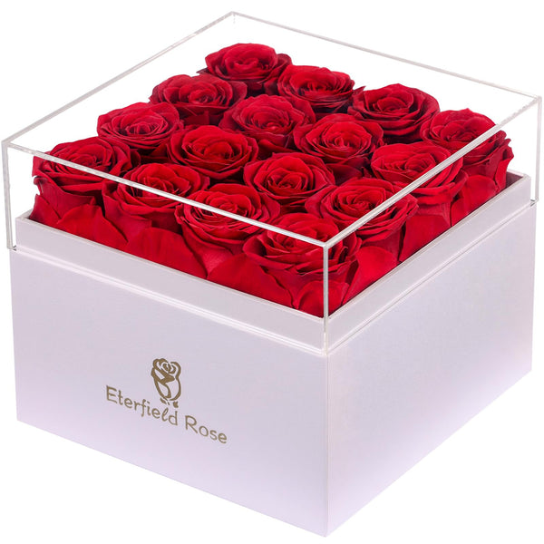 Eterfield Forever Flowers Preserved Flowers for Delivery Prime 16-Piece Red Roses That Last a Year for Mom Gifts for Her Valentines Day (Square White Box)