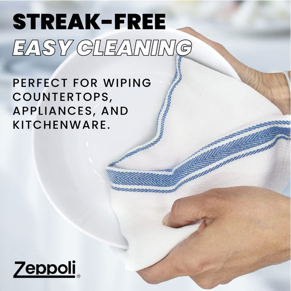 Zeppoli Classic Dish Towels - 15 Pack - 14" by 25" - 100% Cotton Kitchen Towels - Reusable Bulk Cleaning Cloths - Blue Hand Towels - Super Absorbent - Machine Washable
