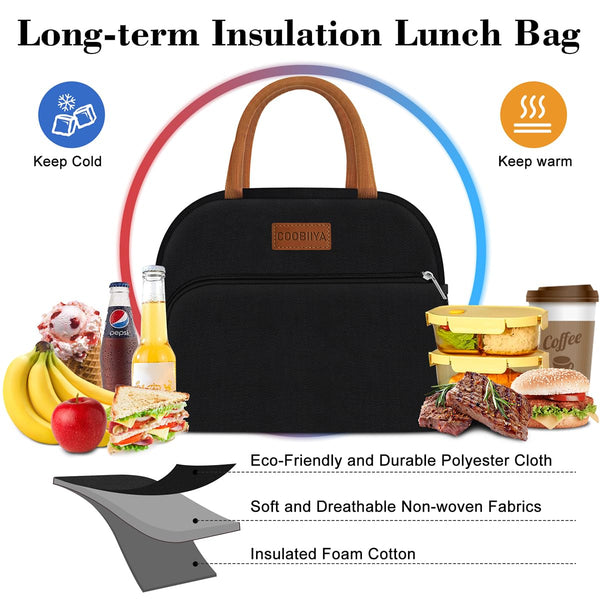 Coobiiya Lunch Bag Women, Lunch Box Lunch Bag for Women Adult Men, Small Leakproof Cute Lunch Tote Large Capacity Reusable Insulated Cooler Lunch Container for Work/Office/Picnic/Travel-Black