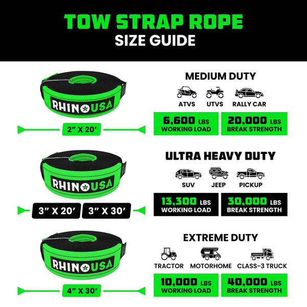 RHINO USA Recovery Tow Strap 3" x 20ft - Lab Tested 31,518lb Break Strength - Heavy Duty Draw String Bag Included - Triple Reinforced Loop End to Ensure Peace of Mind - Emergency Off Road Towing Rope