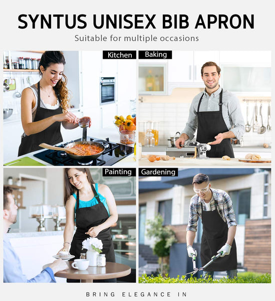 Syntus 2 Pack Adjustable Bib Apron Waterdrop Resistant with 2 Pockets Cooking Kitchen Aprons for Women Men Chef, Black