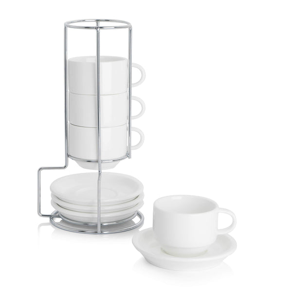 Sweese 2.5 Ounce Porcelain Stackable Espresso Cups with Saucers and Metal Stand Set of 4, White
