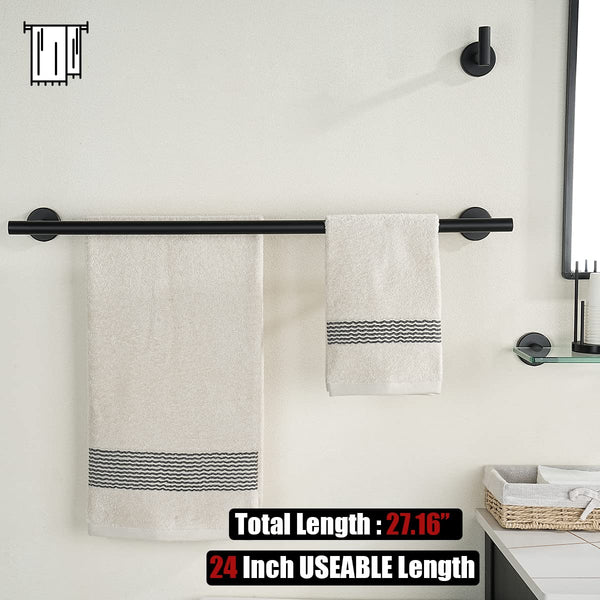 JQK Double Towel Bar, Matte Black 24 Inch 304 Stainless Steel Thicken 0.8mm Bath Towel Rack for Bathroom, Towel Holder Wall Mount, Total Length 27.16 Inch, TB100L24-PB