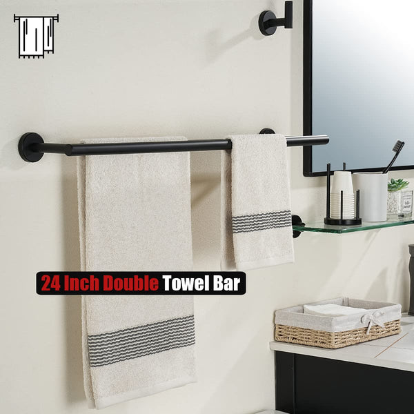 JQK Double Towel Bar, Matte Black 24 Inch 304 Stainless Steel Thicken 0.8mm Bath Towel Rack for Bathroom, Towel Holder Wall Mount, Total Length 27.16 Inch, TB100L24-PB