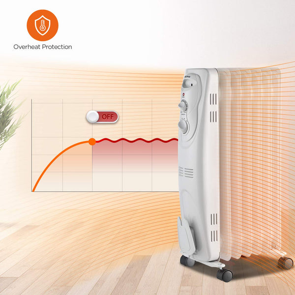 PELONIS PHO15A2AGW, Basic Electric Oil Filled Radiator, 1500W Portable Full Room Radiant Space Heater with Adjustable Thermostat, White, 26.10 x 14.20 x 11.00 in