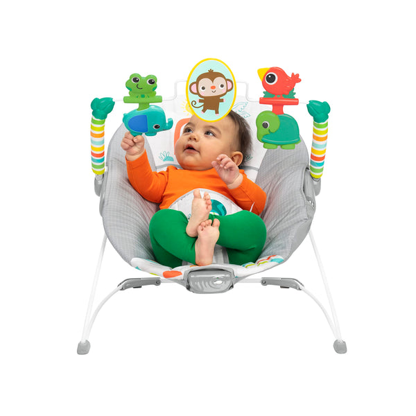 Bright Starts Playful Paradise Comfy Baby Bouncer Seat with Soothing Vibration and Toys, Unisex, 0-6 Months