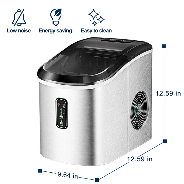 EUHOMY Ice Maker Countertop Machine - 26 lbs in 24 Hours, 9 Cubes Ready in 8 Mins, Electric ice maker and Compact potable ice maker with Ice Scoop and Basket. Perfect for Home/Kitchen/Office.(Sliver)