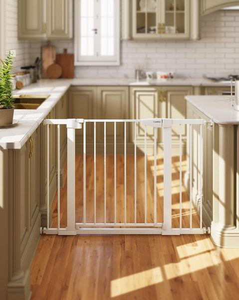 Cumbor 29.7-46" Baby Gate for Stairs, Mom's Choice Awards Winner-Auto Close Dog Gate for the House, Easy Install Pressure Mounted Pet Gates for Doorways, Easy Walk Thru Wide Safety Gate for Dog, White