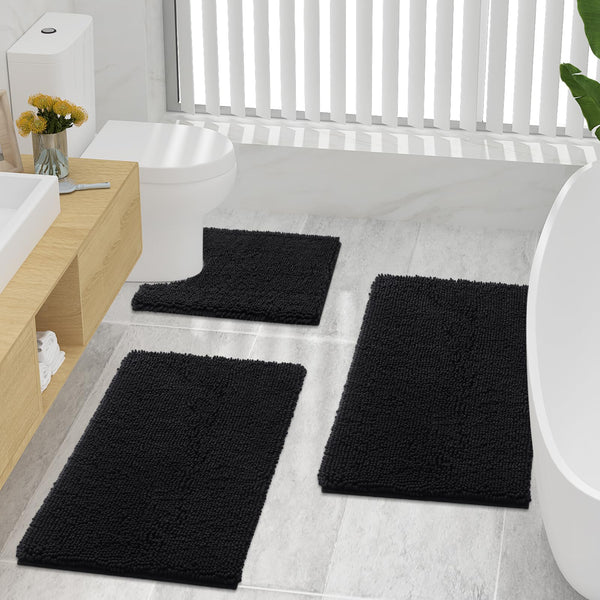 smiry Luxury Chenille Bath Rug, Extra Soft and Absorbent Shaggy Bathroom Mat Rugs, Machine Washable, Non-Slip Plush Carpet Runner for Tub, Shower, and Bath Room (24''x16'', Black)