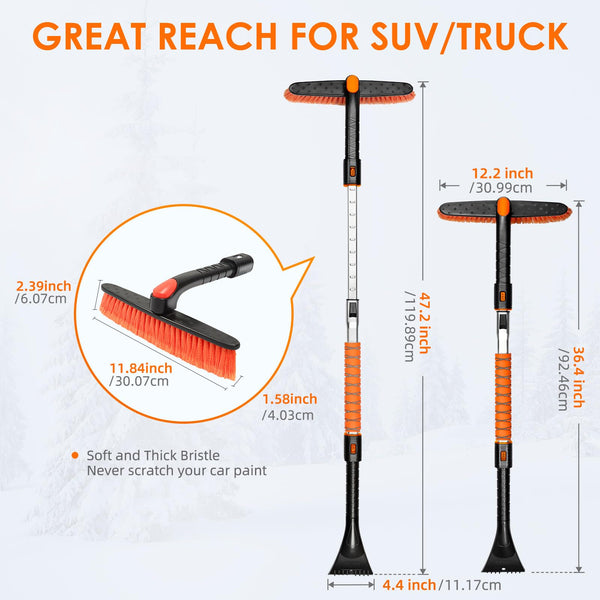 AstroAI 47.2" Ice Scraper and Extendable Snow Brush for Car Windshield with Foam Grip and 360° Pivoting Brush Head for Christmas Car Auto Truck SUV(Orange)
