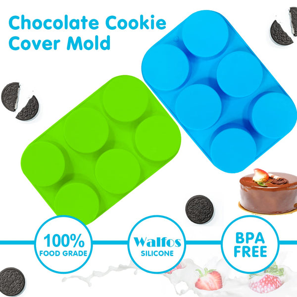 Walfos Oreo Molds Silicone, Non-Stick Oreo Cookie Mold, Round Chocolate Covered Oreos Mold for Candy, Cookies, Pudding, Soap, Jello, Set of 4 (Blue/Green)