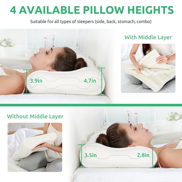 UTTU Sandwich Pillow Queen Size, Contour Pillow for Side Sleepers, Orthopedic Pillow for Neck Pain Relief, Cervical Pillow for Back Pain, Adjustable Memory Foam Pillow, CertiPUR-US