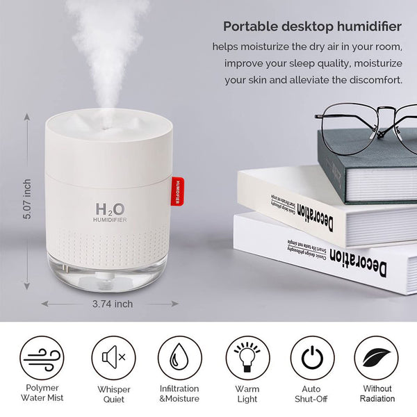 Portable Mini Humidifier, 500ml Small Cool Mist Humidifier, USB Personal Desktop Humidifier for Baby Bedroom Travel Office Home, Auto Shut-Off, 2 Mist Modes, Super Quiet, White