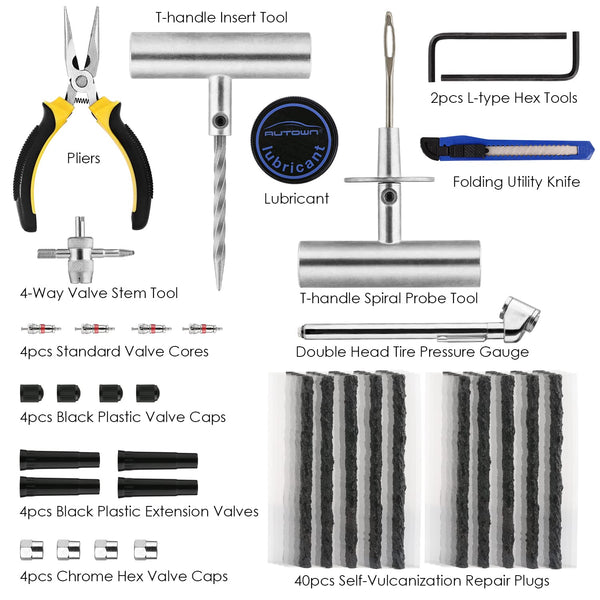 AUTOWN Tire Repair Kit - 68pcs Heavy Duty Tire Plug Kit, Universal Tire Repair Tools to Fix Punctures and Plug Flats Patch Kit for car Motorcycle, Truck, ARB，ATV, Tractor, RV, SUV, Trailer