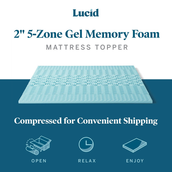 Lucid 2 Inch Mattress Topper Queen - Memory Foam Mattress Topper Queen - 5 Zone Gel Infusion - CertiPur Certified Foam