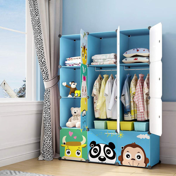 MAGINELS Kids Closet,Baby Wardrobe Closet with Door,Cute Portable Armoire Dresser,Clothes Hanging Storage Rack for Boy Bedroom,Blue,12 Cube(14x14inch)