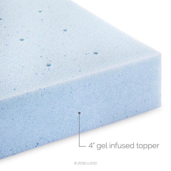 LUCID 4 Inch Gel Memory Foam Mattress Topper, Ventilated Design, Ultra Plush, CertiPUR-US Certified, King, Blue