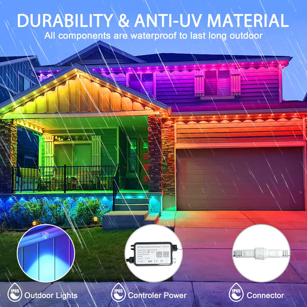 Xyuee Permanent Outdoor Lights Christmas, 50ft Smart RGB IC Outdoor Eaves Lights 40LED IP65 Waterproof Rainbow House Lights with DIY Scene Modes Music Sync for New Year, Party, Holiday,Halloween decor