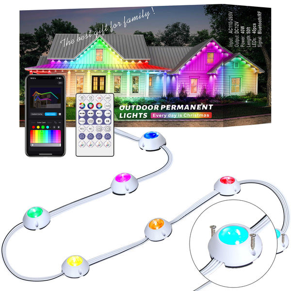 Xyuee Permanent Outdoor Lights Christmas, 50ft Smart RGB IC Outdoor Eaves Lights 40LED IP65 Waterproof Rainbow House Lights with DIY Scene Modes Music Sync for New Year, Party, Holiday,Halloween decor