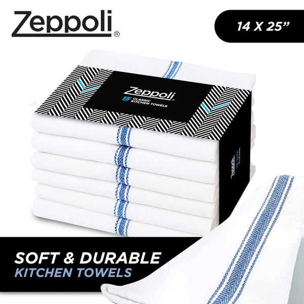 Zeppoli Classic Dish Towels - 15 Pack - 14" by 25" - 100% Cotton Kitchen Towels - Reusable Bulk Cleaning Cloths - Blue Hand Towels - Super Absorbent - Machine Washable