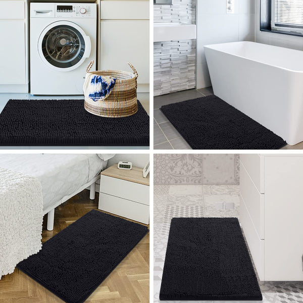 smiry Luxury Chenille Bath Rug, Extra Soft and Absorbent Shaggy Bathroom Mat Rugs, Machine Washable, Non-Slip Plush Carpet Runner for Tub, Shower, and Bath Room (24''x16'', Black)