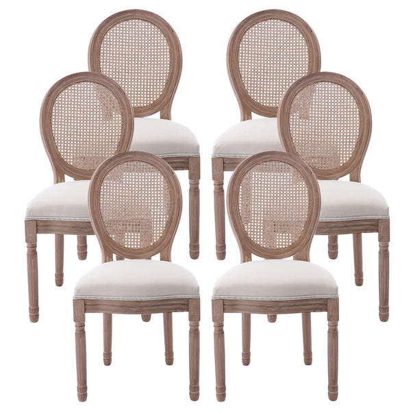 Nrizc Farmhouse Fabric Dining Room Chairs Set of 6, French Chairs with Round Back, Rattan Dining Chair, Oval Side Chairs for Dining Room/Living Room/Kitchen/Restaurant