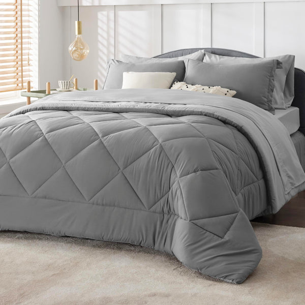 Bedsure Queen Comforter Set - 7 Pieces Reversible Comforters Queen Size Bed Set Bed in a Bag with Comforter, Sheets, Pillowcases & Shams, Grey Bedding Sets