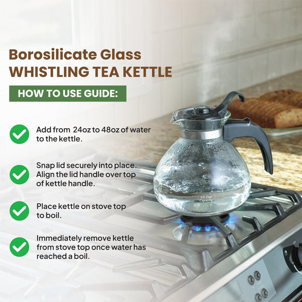 Borosilicate Glass Stove Top Whistling Tea Kettle 12 Cup Capacity