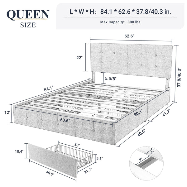 Allewie Upholstered Queen Size Platform Bed Frame with 4 Storage Drawers and Headboard, Square Stitched Button Tufted, Mattress Foundation with Wooden Slats Support, No Box Spring Needed, Light Grey