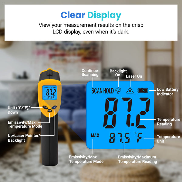 Etekcity Infrared Thermometer Laser Temperature Gun 774, Digital IR Meat Thermometer for Cooking, Pizza Oven Grill Accessories, Heat Gun for Outdoor Surface, Indoor Room HVAC Temp Reader