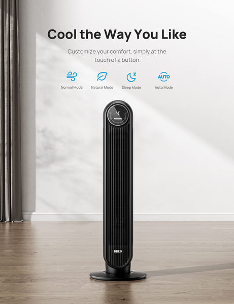 Dreo Tower Fan for Bedroom, 24ft/s Velocity Quiet Floor Fan, 90° Oscillating Fans for Indoors with 4 Speeds, 4 Modes, 8H Timer, Standing Fans, Bladeless Fan, Black, Nomad One (DR-HTF007)