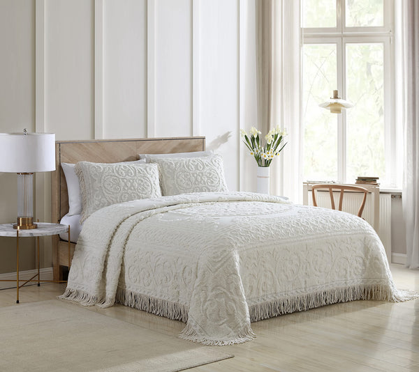 Beatrice Home Fashions Medallion Chenille Bedspread, Queen, Ivory