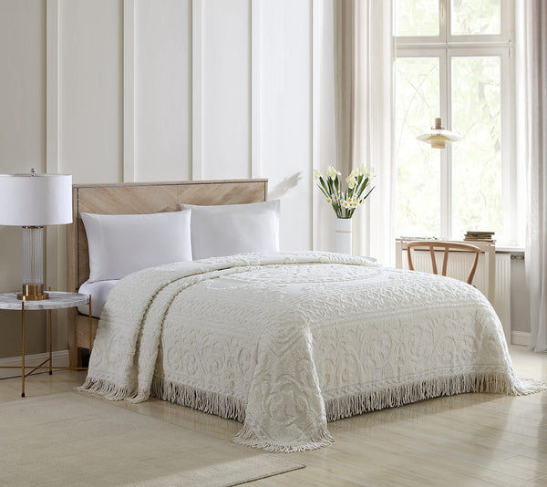 Beatrice Home Fashions Medallion Chenille Bedspread, Queen, Ivory