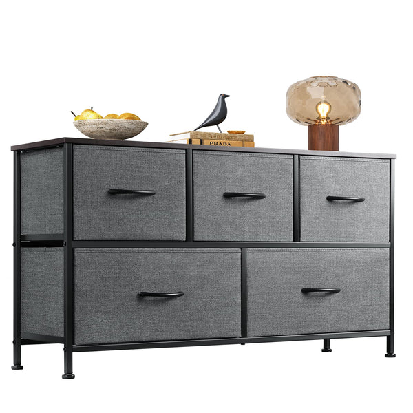 WLIVE Dresser for Bedroom with 5 Drawers, Wide Chest of Drawers, Fabric Dresser, Storage Organizer Unit with Fabric Bins for Closet, Living Room, Hallway, Dark Grey