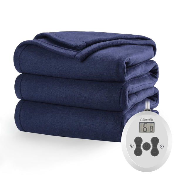 Sunbeam Royal Ultra Fleece Heated Electric Blanket Full Size, 84" x 72", 12 Heat Settings, 12-Hour Selectable Auto Shut-Off, Fast Heating, Machine Washable, Warm and Cozy, Admiral Blue
